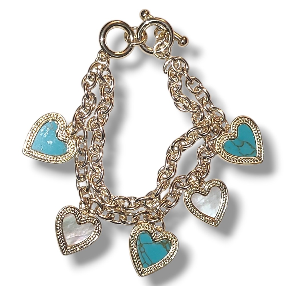 Silver Tone Heart Charm Bracelet Turquoise & MOP Inlay Double Chain 6.5-7"